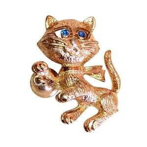 Avon Cat Brooch with Movable Bell Goldtone Blue Eyes Pin Signed Vintage